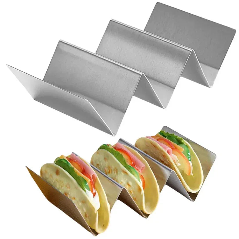 Metal taco holders with tortillas and fillings on a white background

