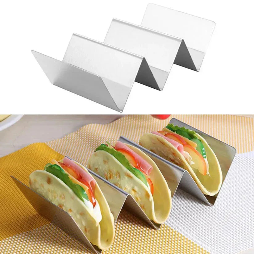 Taco holders with assembled tacos on a yellow mat


