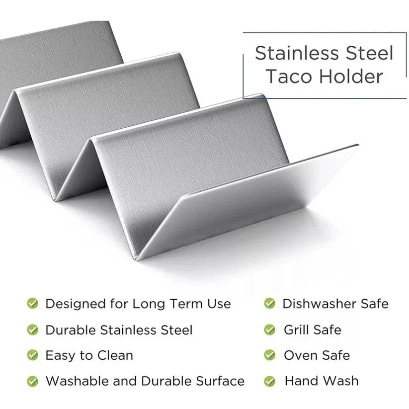 Stainless steel taco holder with features listed on a white background

