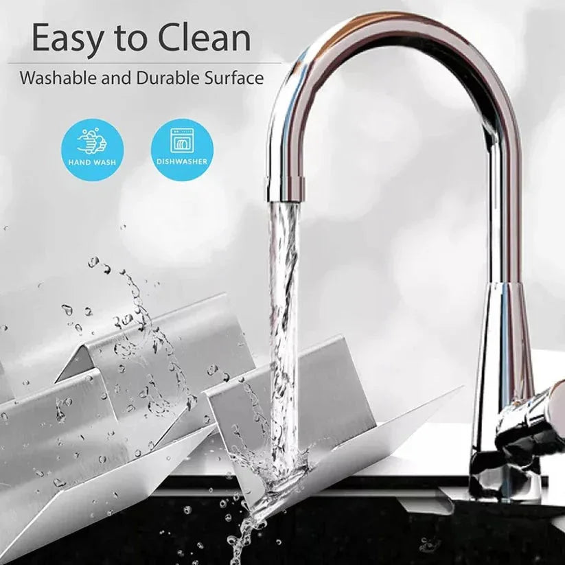 Chrome kitchen faucet with water flowing, labeled 'Easy to Clean' on a white background.

