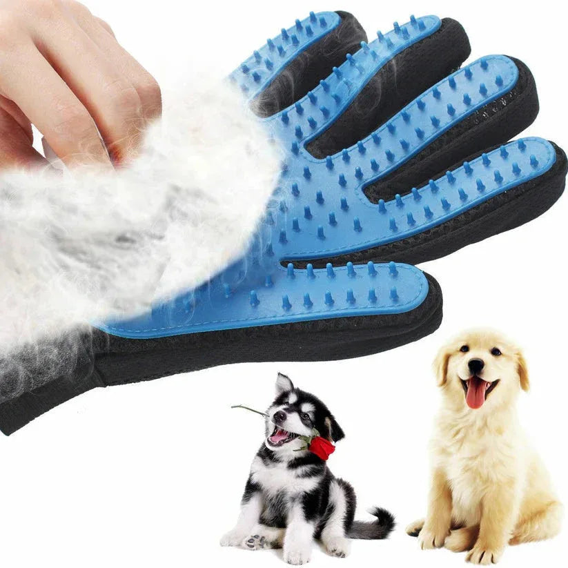 Blue grooming glove with black accents being used on a pet's fur, with two dogs and a paw print in the background.

