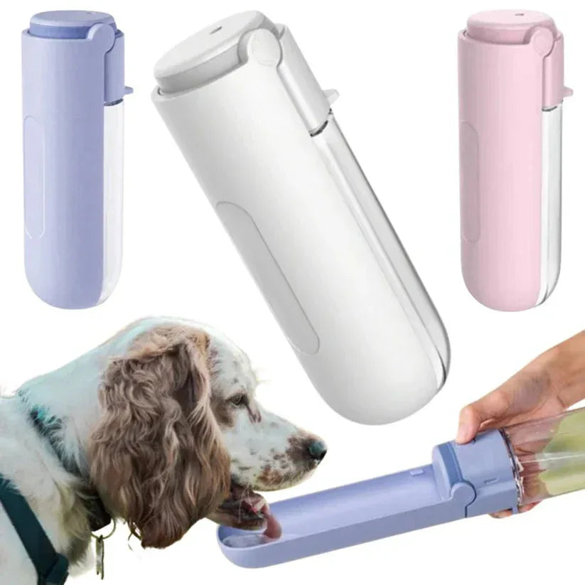 Pet waste bag dispenser with a dog and a hand holding the dispenser.

