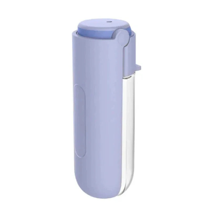 Clear bottle with a purple cap on a white background

