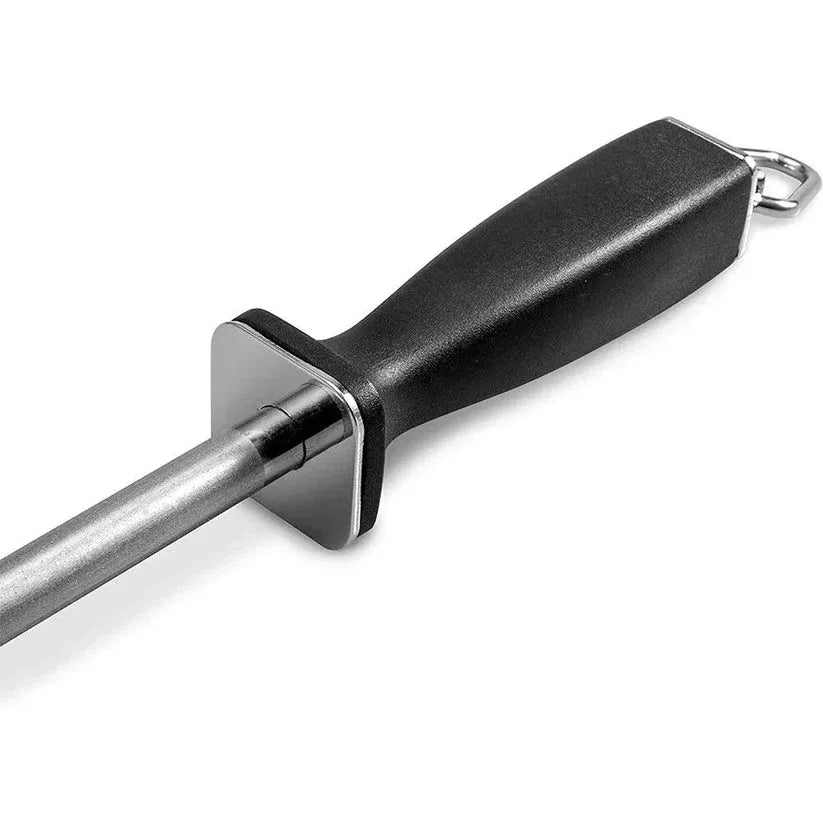Black-handled metal tool on a white background

