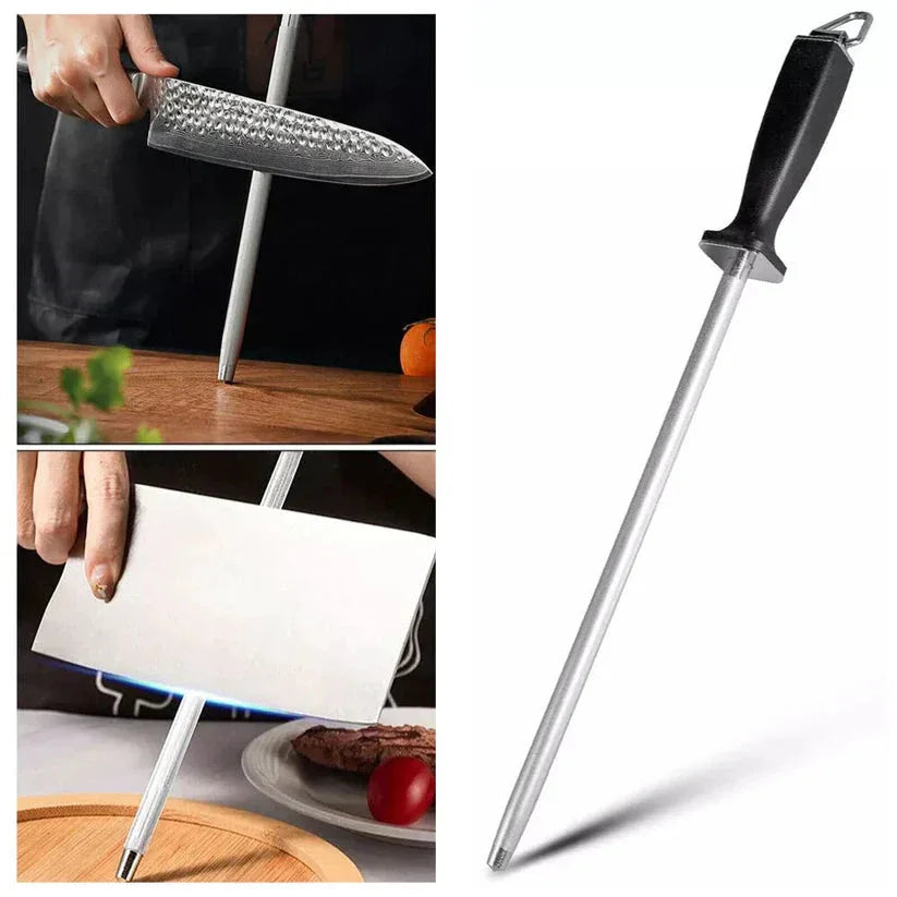 Knife sharpener being used on a knife, with close-up shots of the tool and its effectiveness.

