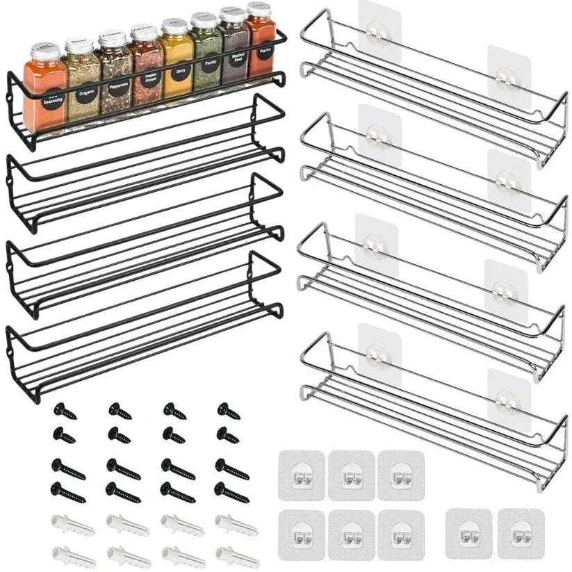 Set of metal wall shelves in black and white with screws and brackets on a white background


