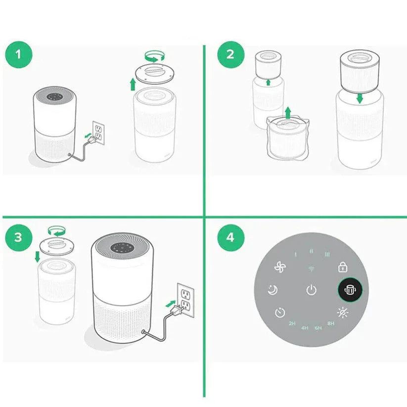 Step-by-step illustration of an air purifier setup process on a white background.

