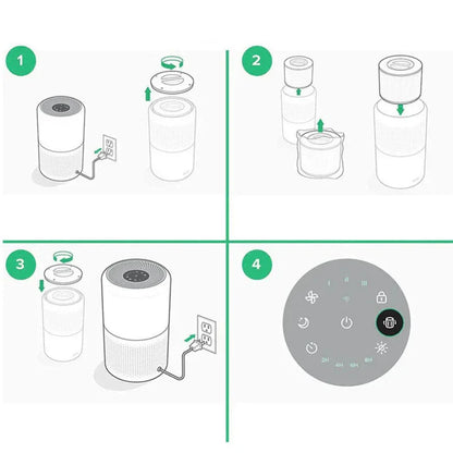 Step-by-step illustration of an air purifier setup process on a white background.

