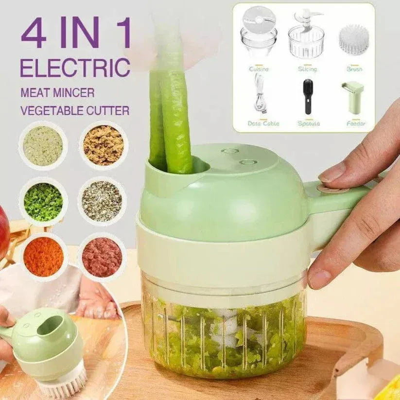 4-in-1 electric meat mincer and vegetable cutter with green handle on a wooden surface.

