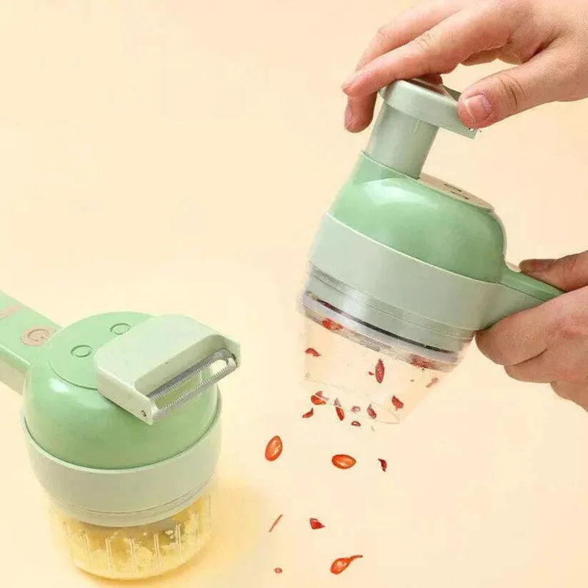 Green kitchen tool with a hand holding it, showing its use on a light background


