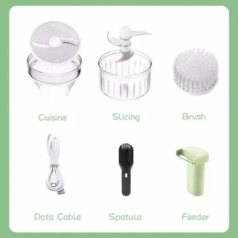 Set of kitchen utensils including a cuisine tool, slicing device, brush, data cable, spatula, and feeder on a green background.

