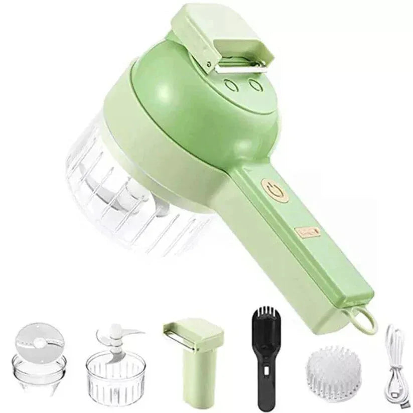 Green handheld hair dryer with attachments on a white background


