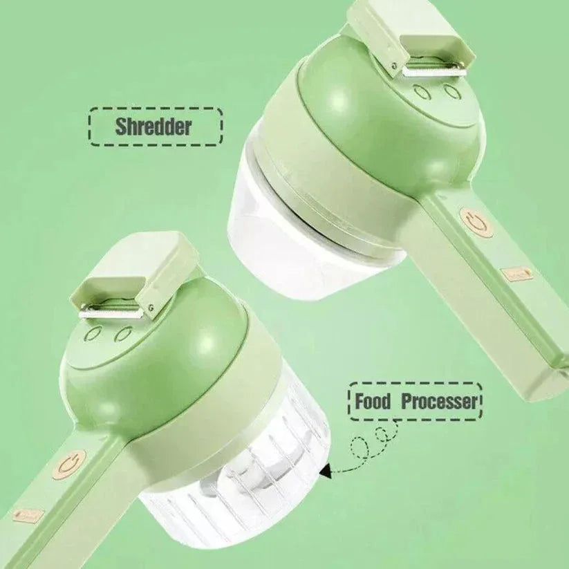 Green and white kitchen tool with shredder and food processor components on a green background

