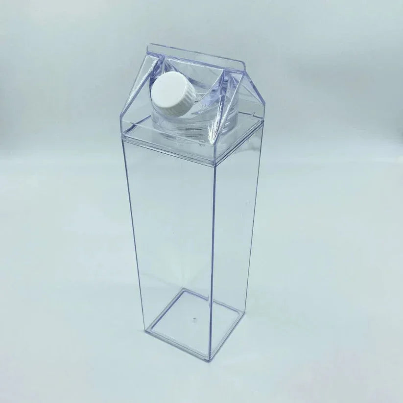 Clear plastic packaging box with a white cylindrical object inside on a light gray background


