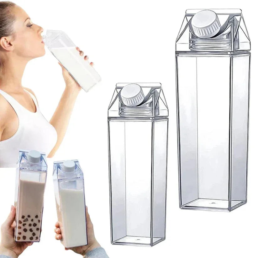 Clear milk carton-shaped bottle with a woman drinking from it on a white background

