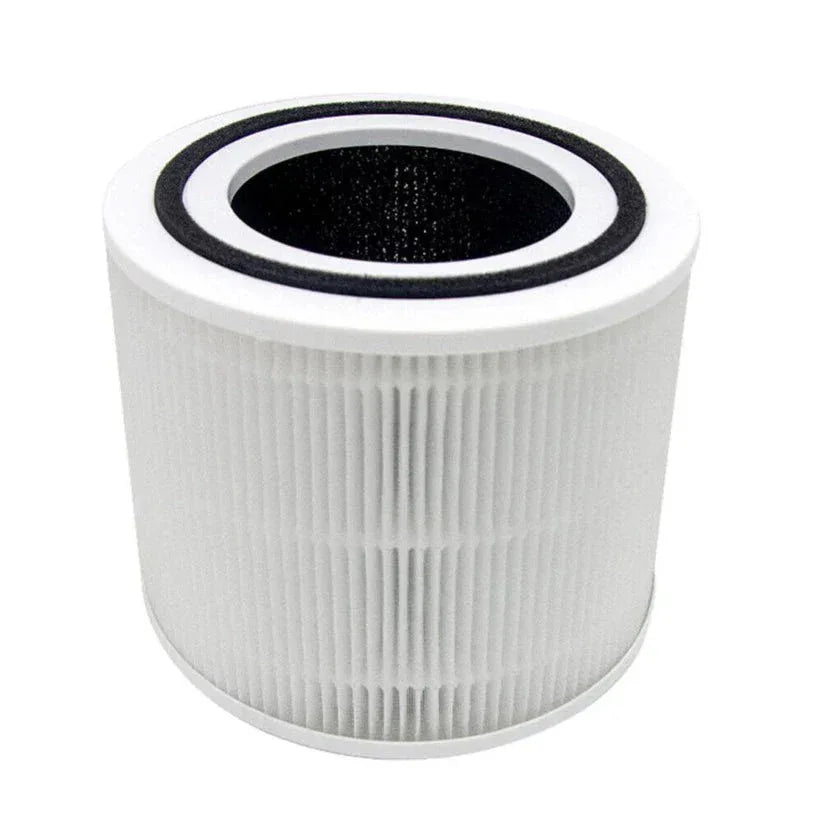 Round air filter with white exterior and black interior on a white background


