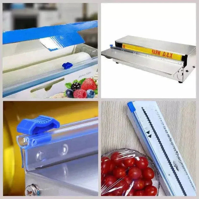 Collage of a food sealing machine with fruits and vegetables, showing its use on a white background.

