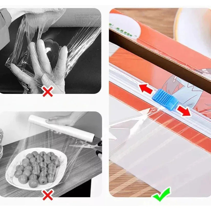 Collage showing incorrect and correct ways to use a plastic wrap dispenser.

