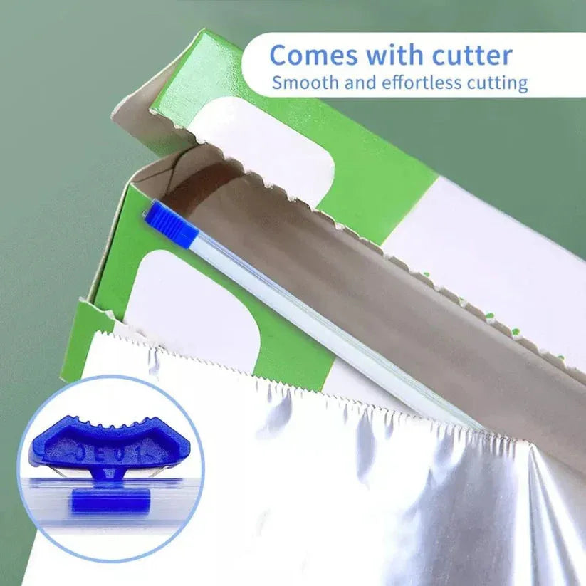 Roll of white paper with green box and blue cutter on a gray background

