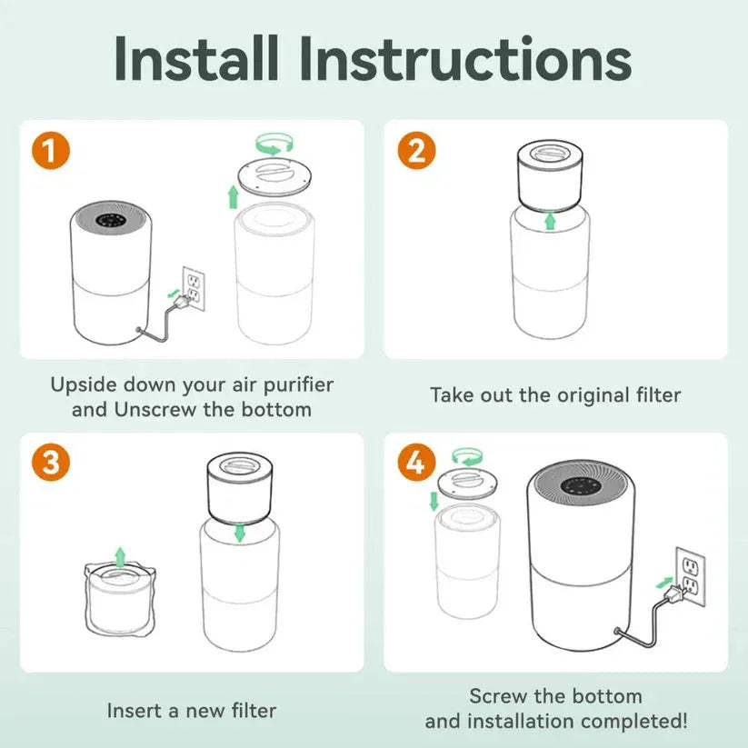 Step-by-step installation instructions for an air purifier on a light green background

