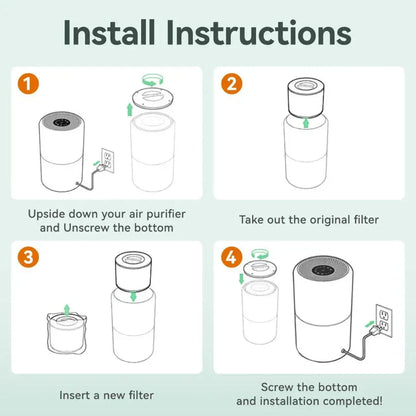 Step-by-step installation instructions for an air purifier on a light green background


