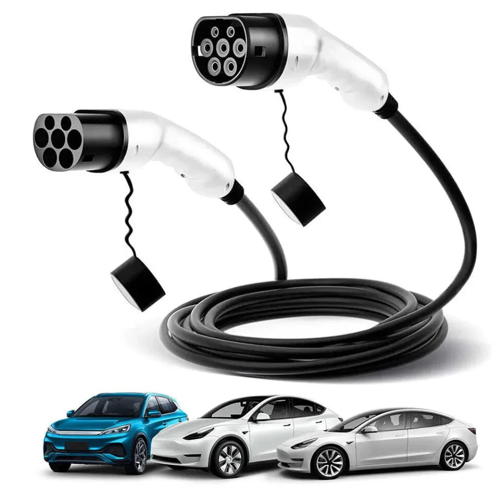 Two electric vehicle charging cables with connectors on a white background, with three electric cars below.

