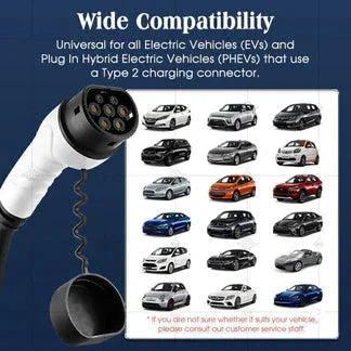 Electric vehicle charging cable with compatibility chart for various car models on a blue background

