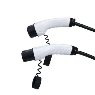 Two white electric vehicle charging cables with black connectors on a white background

