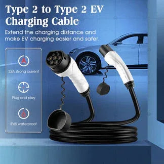 Electric vehicle charging cable with car and blue background

