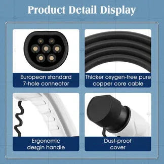 Product detail display of a cable with connectors and features on a blue background.

