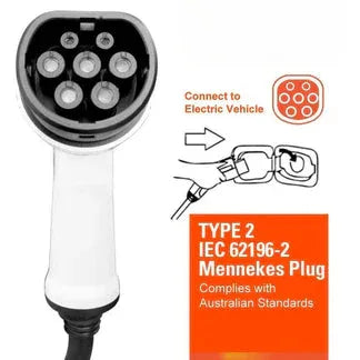 Electric vehicle charging cable with Mennekes plug and Australian standards label

