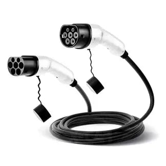 Electric vehicle charging cable with connectors on a white background

