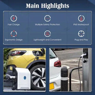 Product features with icons and images of a car being charged at a charging station.

