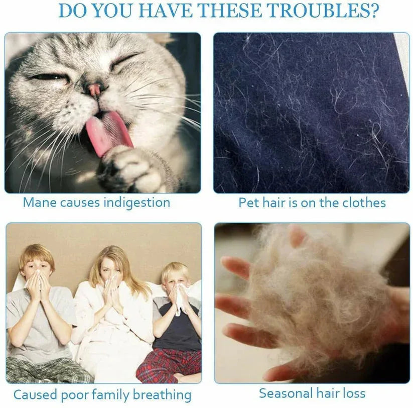 Collage of images showing a cat with a sore mouth, pet hair on clothes, people with allergies, and a hand with hair loss. Text questions if the viewer has these troubles.

