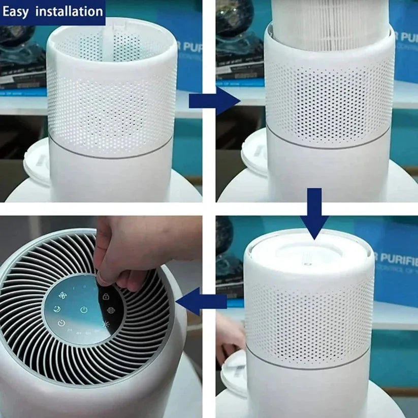 Step-by-step guide on how to install an air purifier filter with arrows and text indicating 'Easy installation'.

