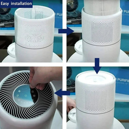 Step-by-step guide on how to install an air purifier filter with arrows and text indicating 'Easy installation'.


