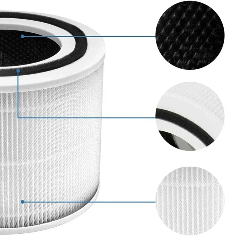 Close-up of an air filter with detailed views on a white background

