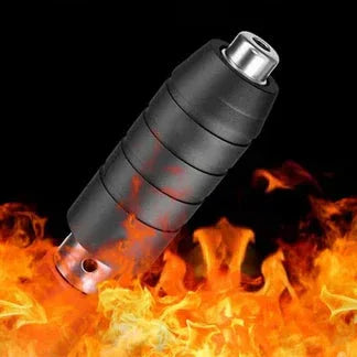 Black cylindrical object with metallic top on a fiery background

