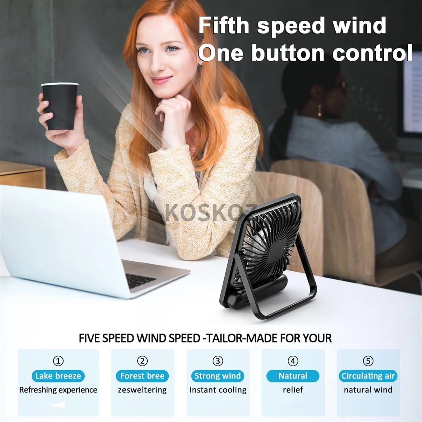 Woman using a laptop with a small black fan on a desk, featuring text about fan speed control and brand name.

