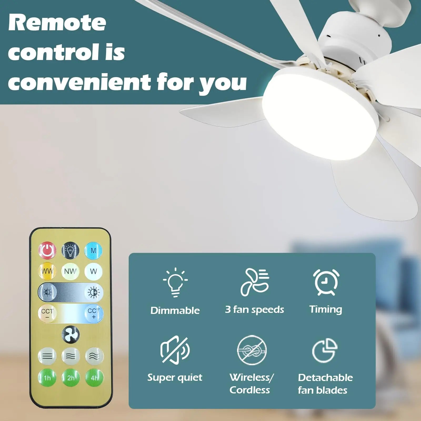 Ceiling fan with remote control and feature icons on a blurred background

