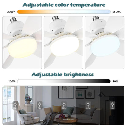 Ceiling fan with adjustable color temperature and brightness shown in a living room setting.

