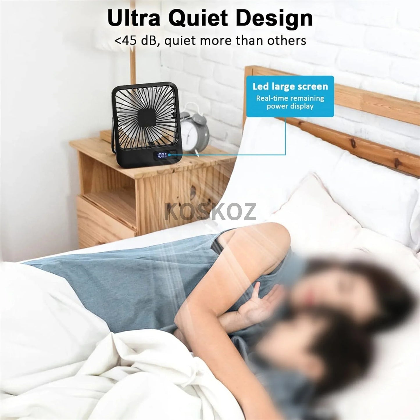Person lying in bed with a small fan on a nightstand, KOKKOZ brand visible

