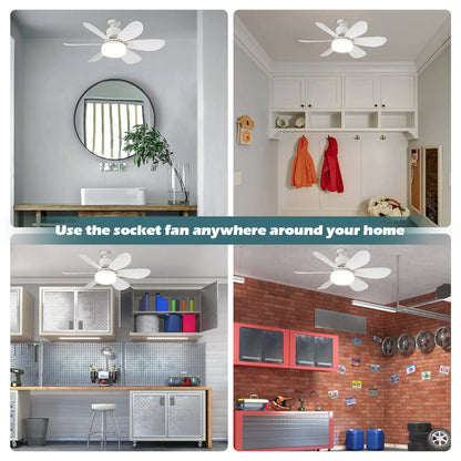 Collage of a ceiling fan in various home settings with text overlay.


