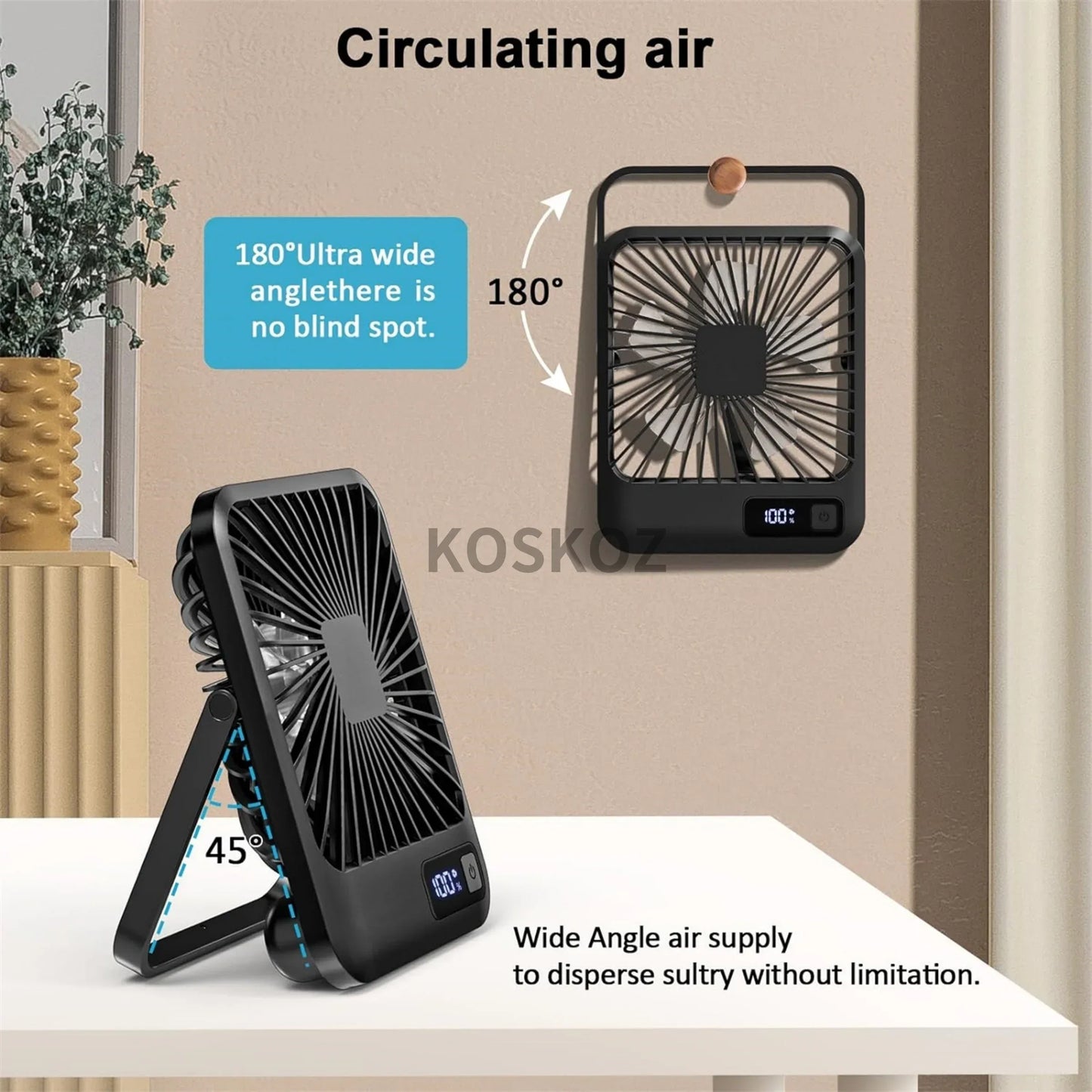 Portable fans with adjustable angles on a table, featuring the brand 'KOSKOOZ'.

