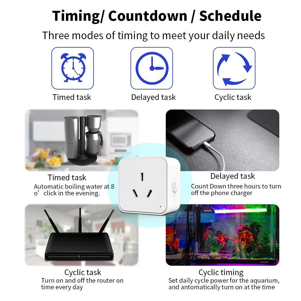 Product display with text on timing, countdown, and schedule modes, featuring images of a kitchen setup, phone charger, router, and aquarium.

