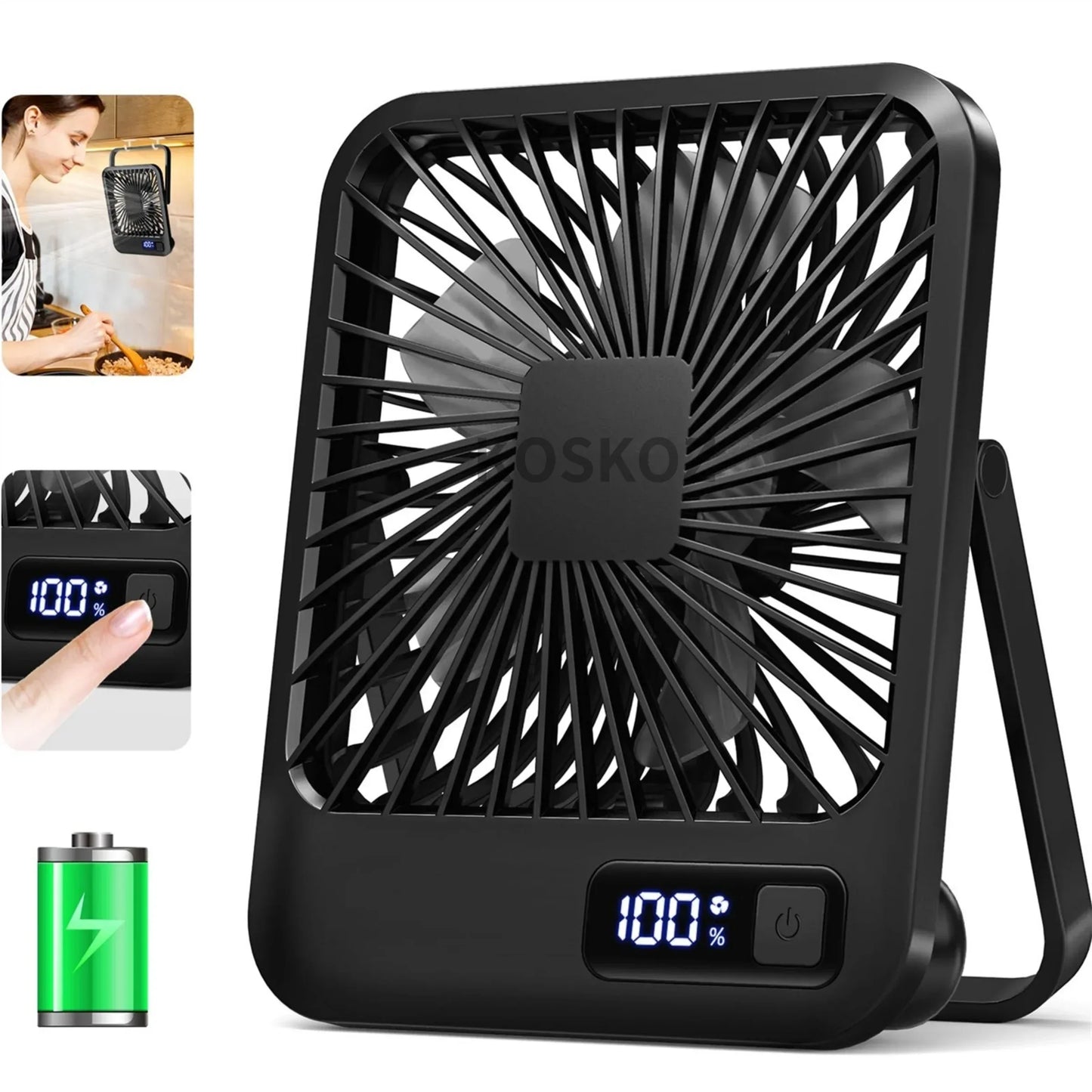 Black portable fan with digital display and charging indicator on a white background

