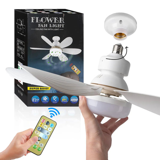 Ceiling fan with light, remote control, and packaging on a white background

