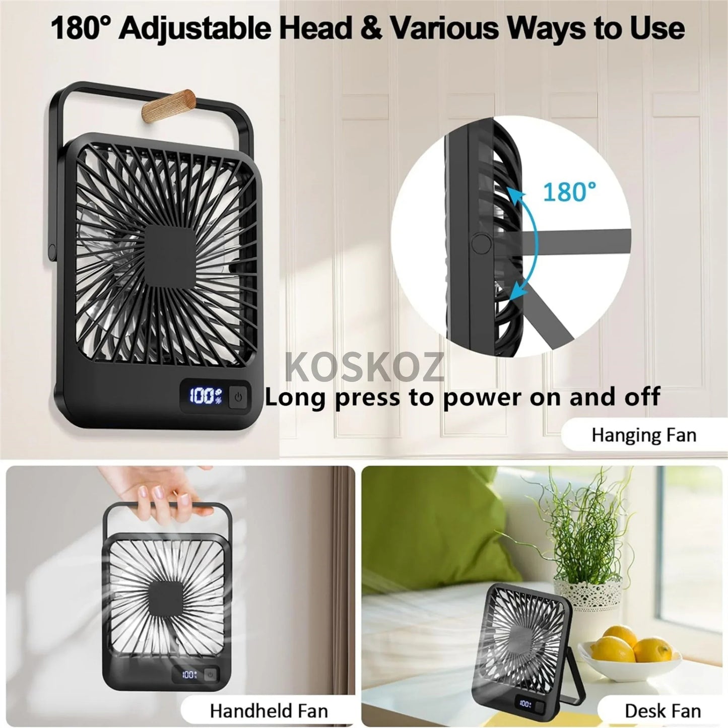 Portable fan with adjustable head and various usage scenarios on a white background

