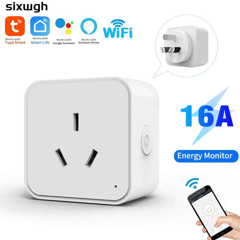 Smart power plug with energy monitor feature on a white background

