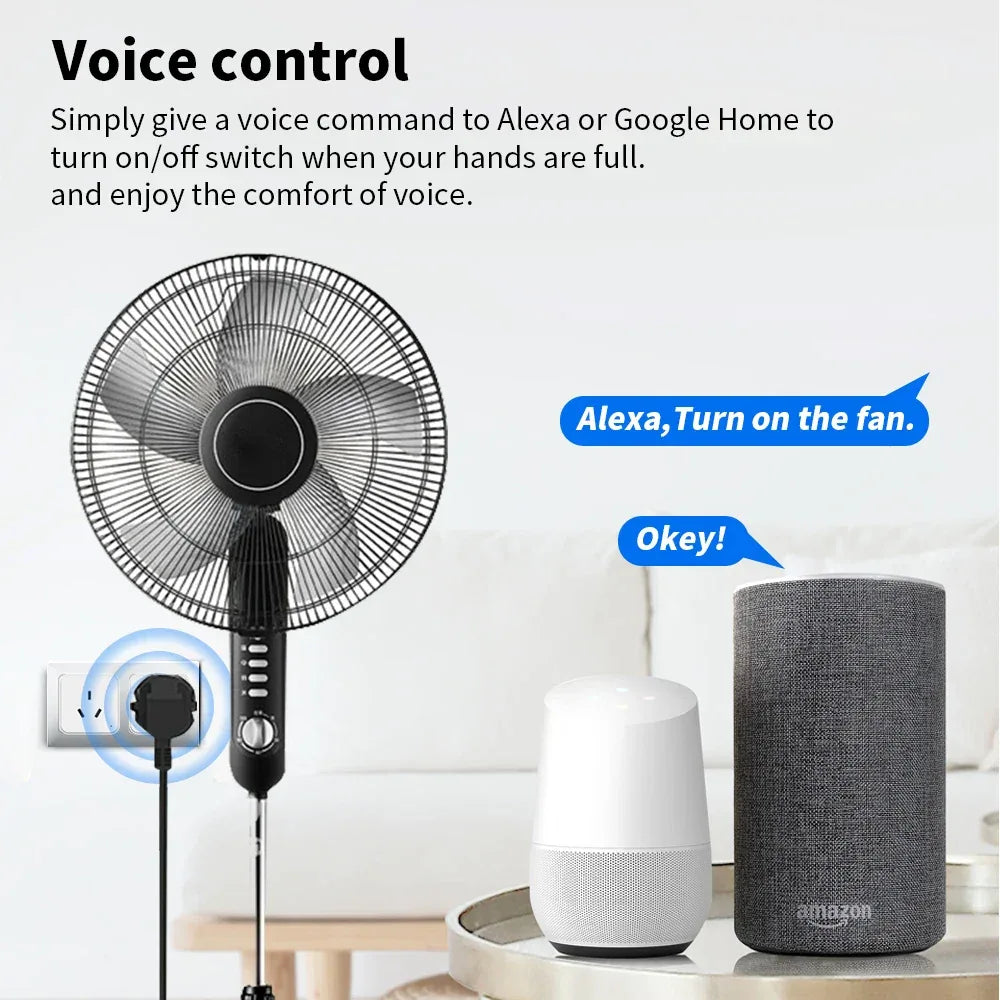 Wall-mounted fan with Amazon Echo and Google Home devices on a table, demonstrating voice control.

